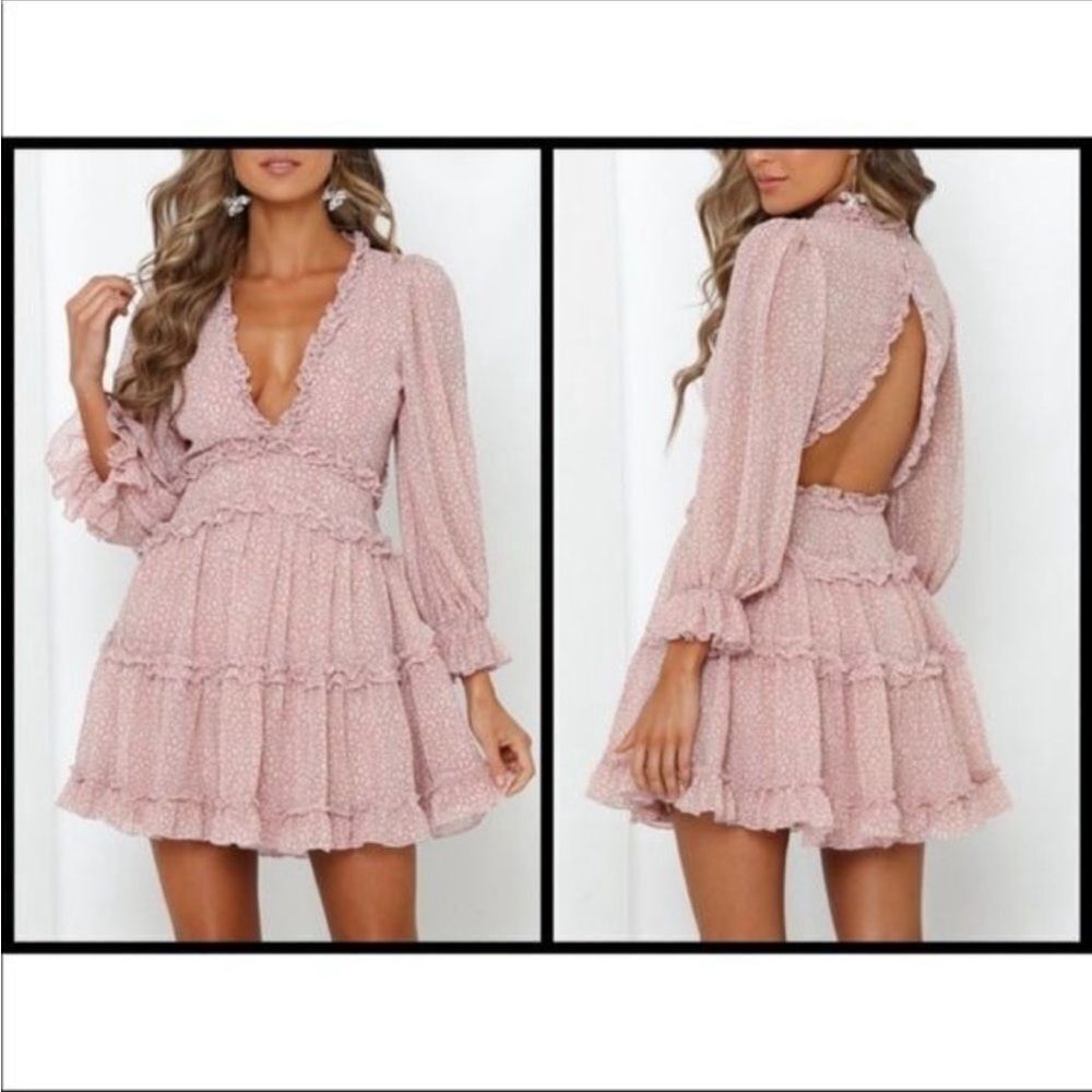 Saints + Secrets pink animal print ruffle cutout back mini dress M
